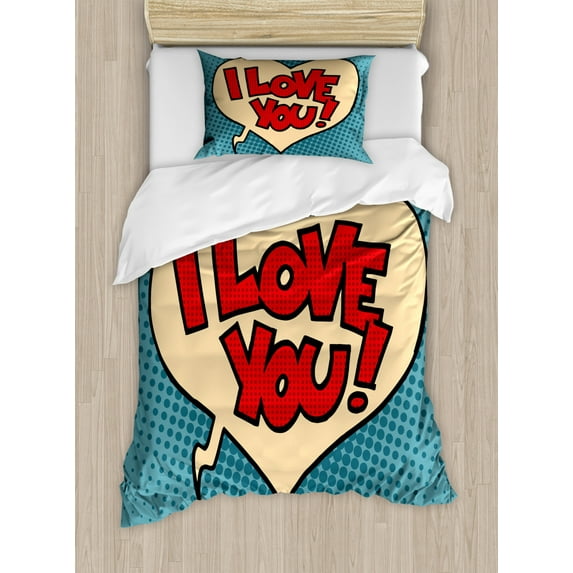 I Love You Duvet Cover Set Twin Size, Pop Art Style Retro Comic Strip Love Bubble Artistic Cartoon Graphic, Decorative 2 Piece Bedding Set with 1 Pillow Sham, Petrol Blue Red Ivory, by Ambesonne