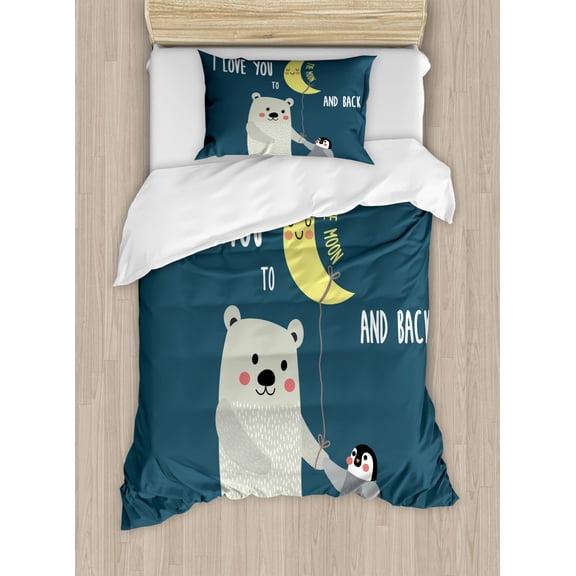 I Love You Duvet Cover Set Twin Size, Teddy Bear and Penguin Best Friends Arctic Lovers under Moon Cartoon, Decorative 2 Piece Bedding Set with 1 Pillow Sham, Slate Blue Grey Yellow, by Ambesonne