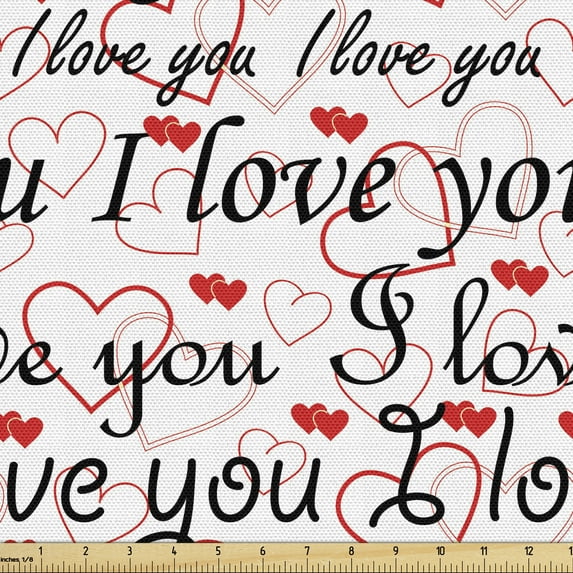 Ambesonne I Love You Fabric by the Yard Upholstery, Calligraphy Hearts, 1 Yard, Red Black White