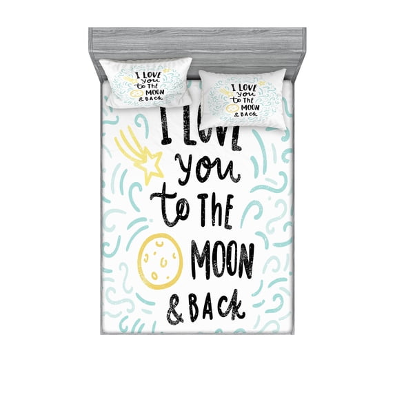 I Love You Fitted Sheet & Pillow Sham Set, Cartoon Style Dreams Sibling Love Friends Theme, Decorative Printed 6 Piece Bedding Decor Set, King, Yellow Grey Mint, by Ambesonne