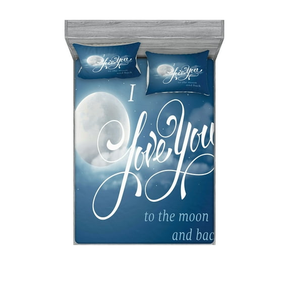 I Love You Fitted Sheet & Pillow Sham Set, Night Sky with Full Moon Between Stars Cloud Dramatic Romance Wedding Image, Decorative 6 Piece Bedding Decor Set, Full, Dark Blue Pearl, by Ambesonne