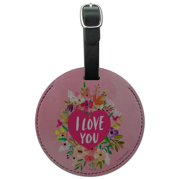 I Love You Flower Heart Wreath Round Leather Luggage Card Suitcase Carry-On ID Tag