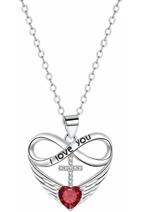 I Love You Forever Necklace, Angel Wing Cross Infinity Heart Pendant with Red Crystal, Meaningful Religious Jewelry Gift for Women Wife Mom Daughter Girlfriend Anniversary Birthday Christmas