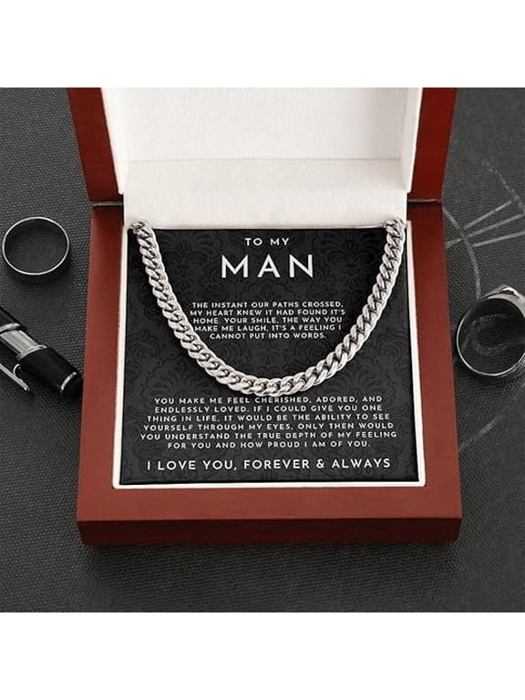 I Love You Gifts For Him, Husband Boyfriend Sentimental Gifts From Wife Girlfriend, To My Man Birthday Gift Ideas Cuban Link Chain Necklace with Message Card and LED Box