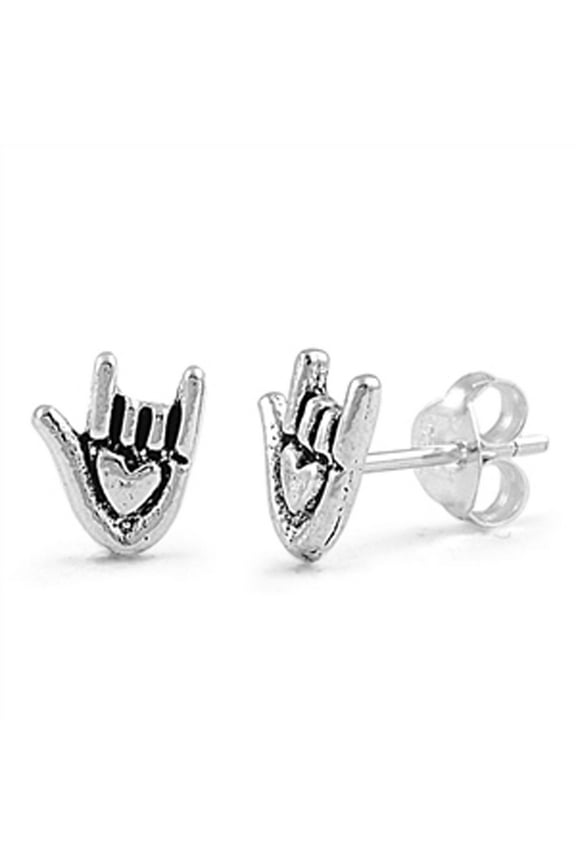 I Love You Hand Sign Language .925 Sterling Silver ASL Promise Heart Stud Earrings Jewelry Female