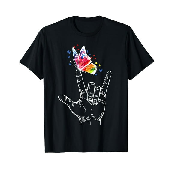 I Love You Hand Sign Language Butterfly Autism Awareness T-Shirt