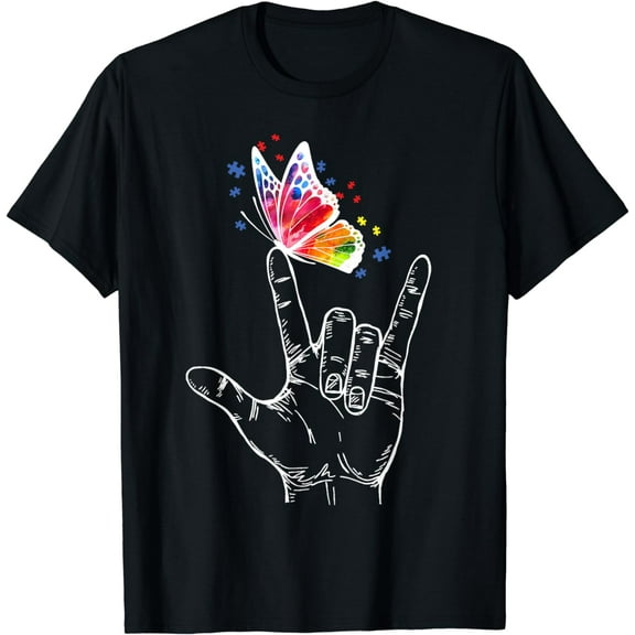 I Love You Hand Sign Language Butterfly Autism Awareness T-Shirt
