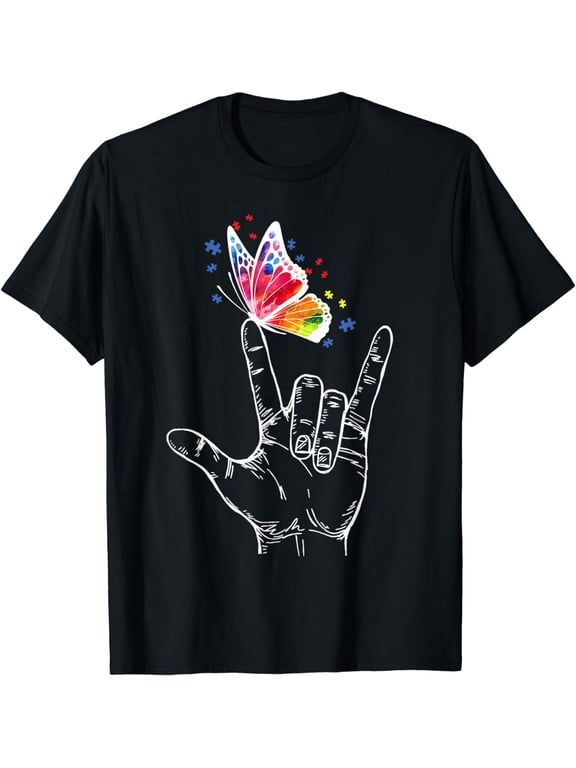I Love You Hand Sign Language Butterfly Autism Awareness T-Shirt