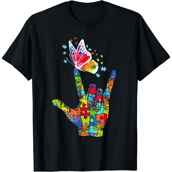I Love You Hand Sign Language Butterfly Autism Awareness T-Shirt
