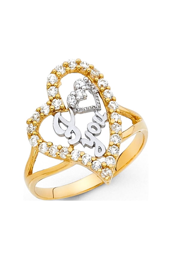 I Love You Heart Ring Solid 14k Yellow Gold Love Band CZ Curve Promise Ring Stylish Polished, Size 7