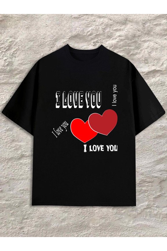 "I Love You" Hearts Tee Mens black Spring and summer clothing Funny Unisex Shirt Short Sleeve tshirts Retro Unisex Shirt Graphic tshirts Vintage Unisex Shirt Short Sleeve tshirts