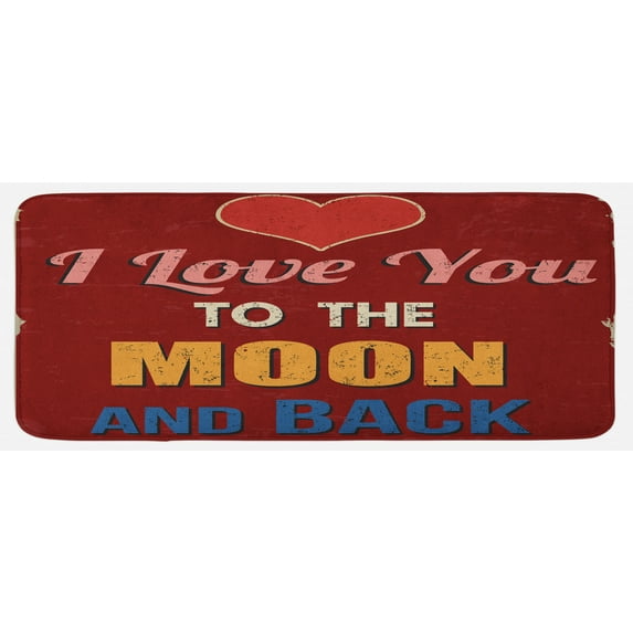 I Love You Kitchen Mat, Vintage Style I Love You to the Moon and Back Calligraphy Nostalgic Romance, Plush Decorative Kitchen Mat with Non Slip Backing, 47" X 19", Ruby Marigold, by Ambesonne