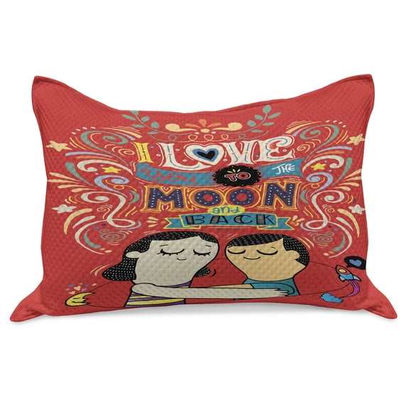 I Love You Knitted Quilt Pillowcover, Couple Hugging with Oriental Calligraphy Love Words Togetherness Illustration, Standard King Size Pillow Cover for Bedroom, 30" x 20", Red Blue, by Ambesonne
