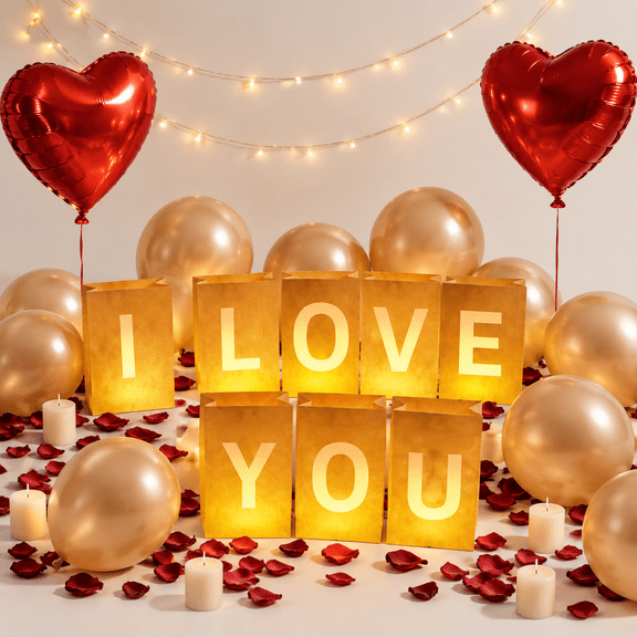I Love You Light Up Letter Luminary Bags with Rose Petals and Candles Party Decoration Kit