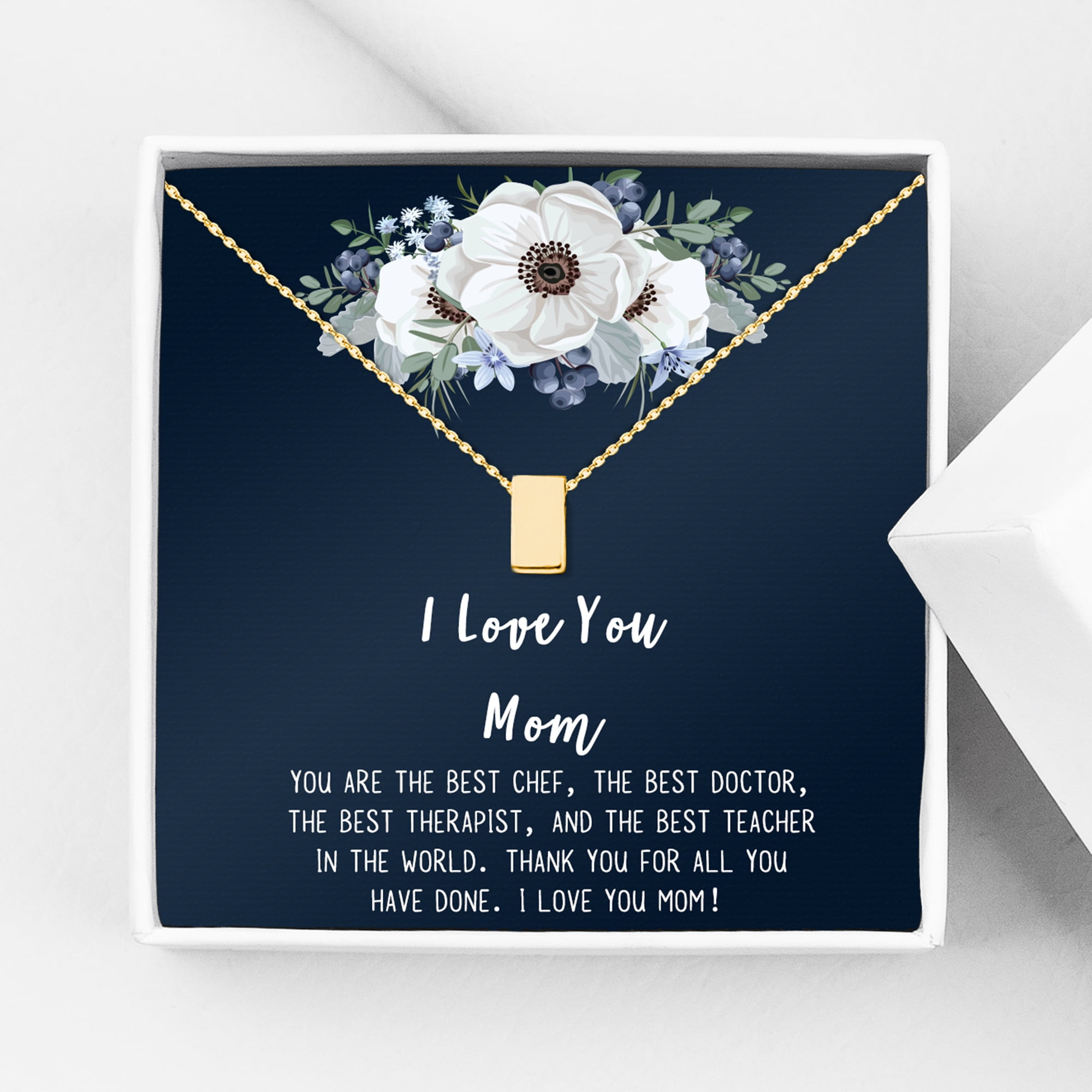 I Love You Mom, Jewelry with Gift Wrapping, Card - Gifts for Mom, Daughter, Birthday, Mothers Day, Gold Cube Necklace for Women [Gold Cube, No-Personalized Card]