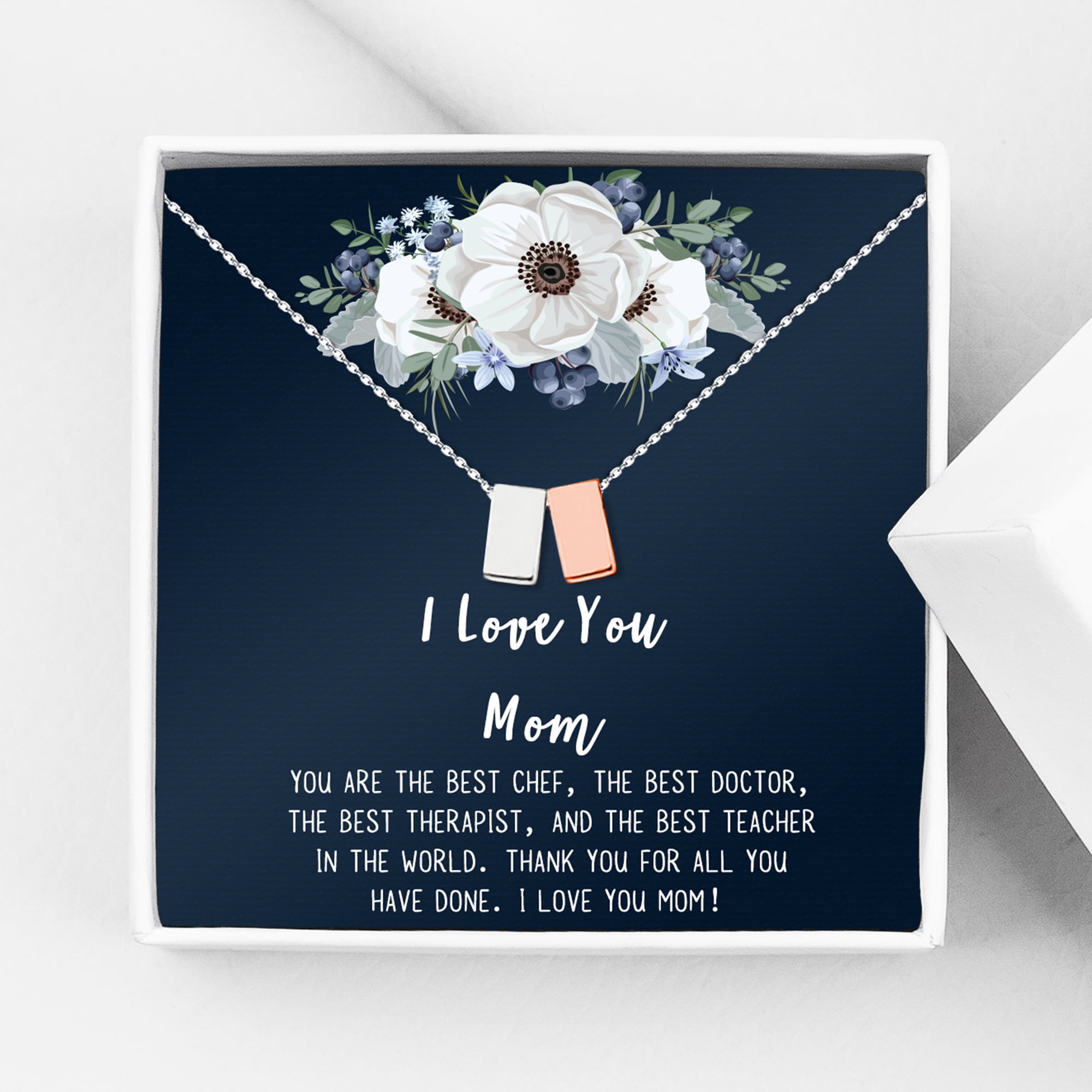 I Love You Mom, Jewelry with Gift Wrapping, Card - Gifts for Mom, Daughter, Birthday, Mothers Day, Rose Gold Cube Necklace for Women [Silver Rose Gold Cube, No-Personalized Card]