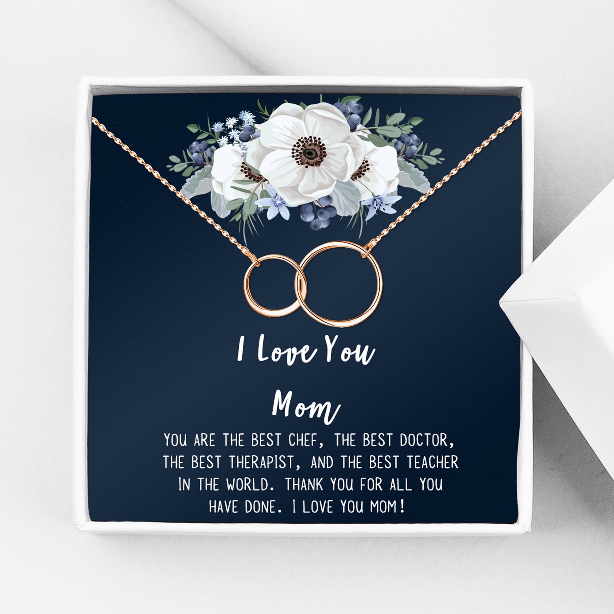 I Love You Mom, Jewelry with Gift Wrapping, Card - Gifts for Mom, Daughter, Birthday, Mothers Day, Two Infinity Ring Necklace for Women [Rose Gold Infinity Ring, No-Personalized Card]