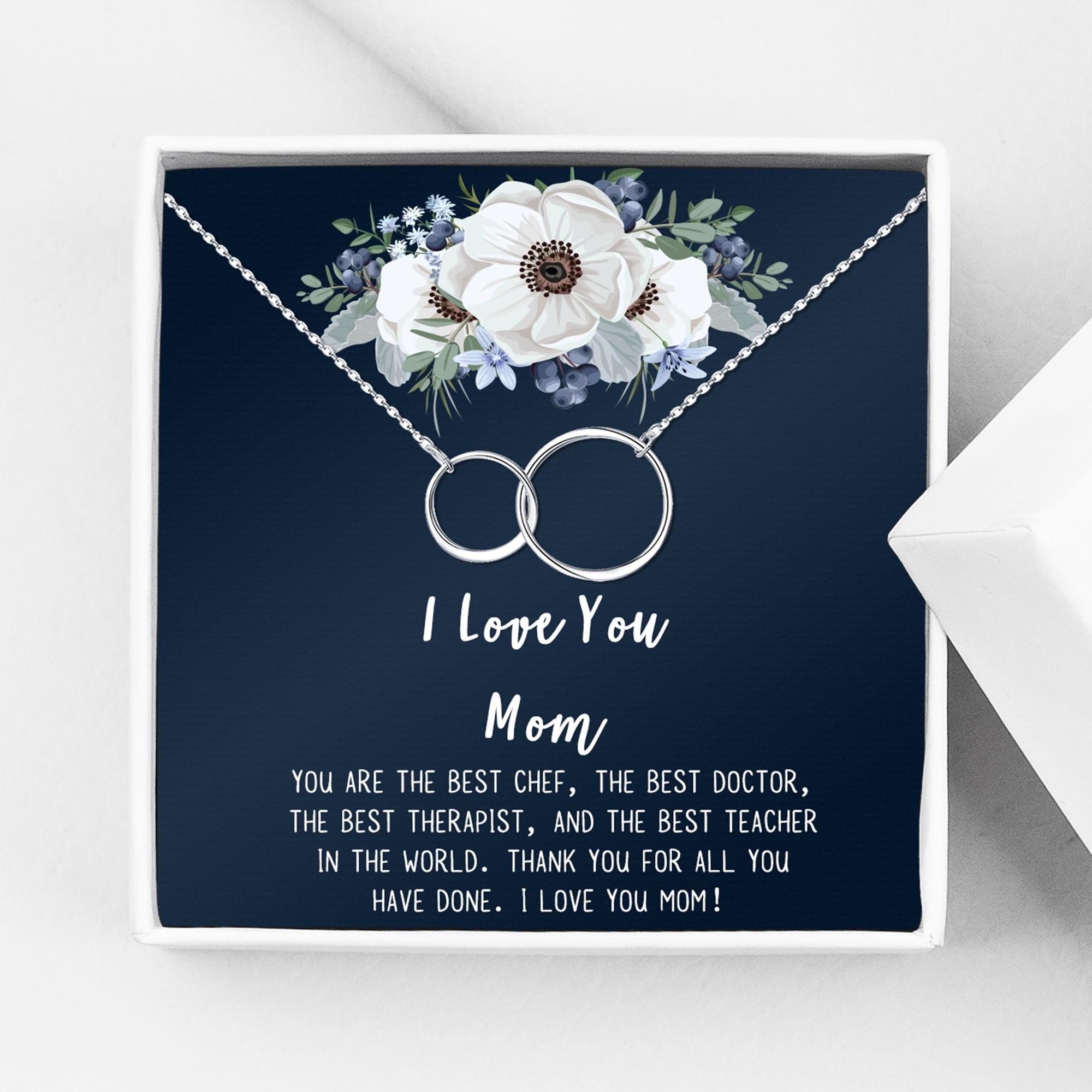 I Love You Mom, Jewelry with Gift Wrapping, Card - Gifts for Mom, Daughter, Birthday, Mothers Day - Two Infinity Ring Necklace for Women [Silver Infinity Ring, No-Personalized Card]