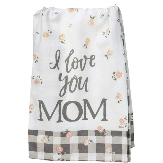 I Love You Mom Pink Roses and Plaid Trim Printed Kitchen Dish Towel