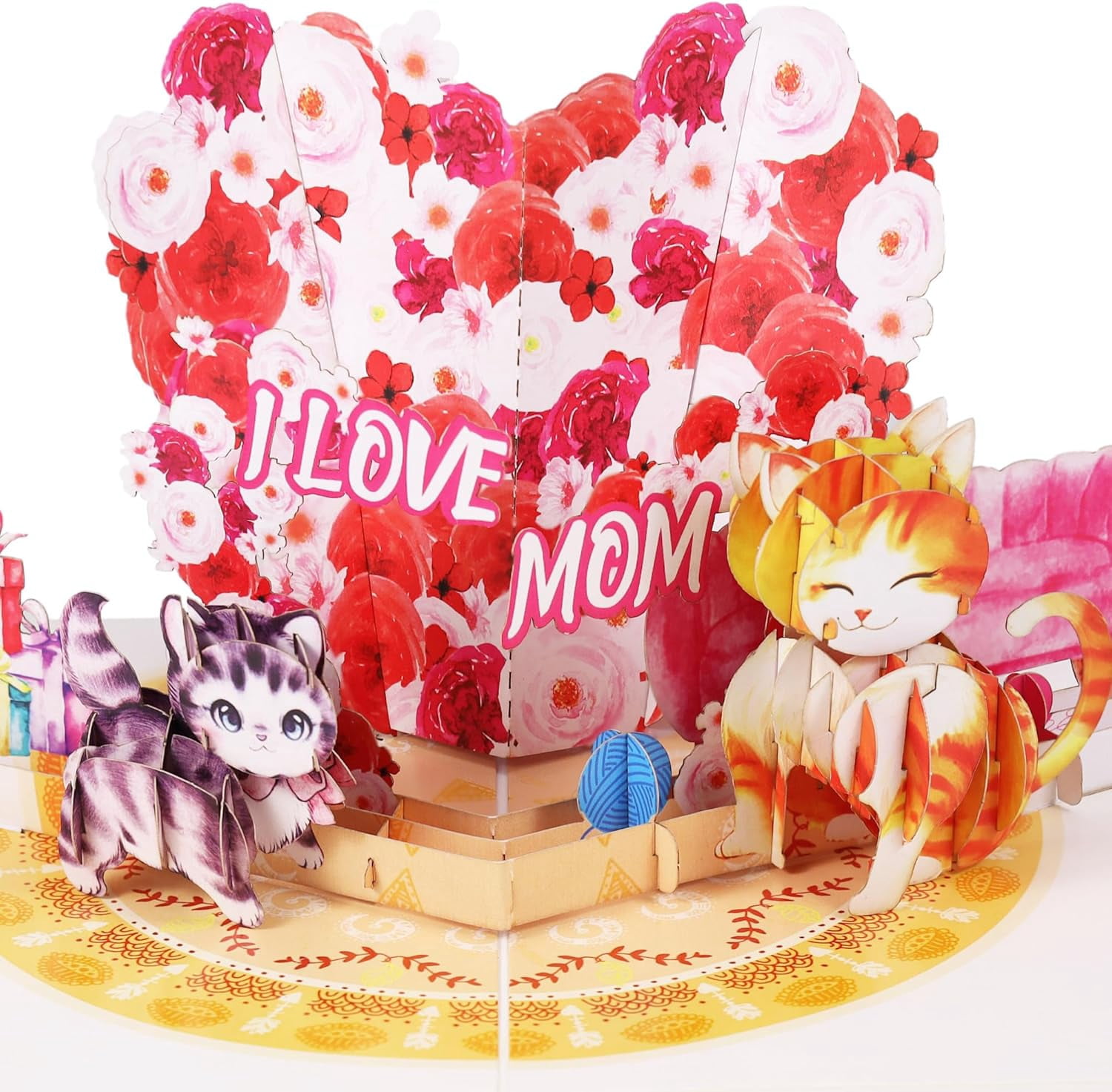 I Love You Mom, Pop Up Mother’s Day Card, 3D Cat Mom & Floral Heart Shaped Birthday Cards, Ideal Gift for Wife, Godmother, Stepmom, Sister, Grandma, Mother in law, 6x8 - Includes Envelope And Note