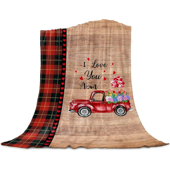 I Love You Mom Super Soft Throw Blankets Mothers Day Rusic Wood Red Plaid Truck Fluffy Fuzzy Flannel Bed Blanket Decorative for Home Sofa Couch Chair Living Bedroom,50x60 in