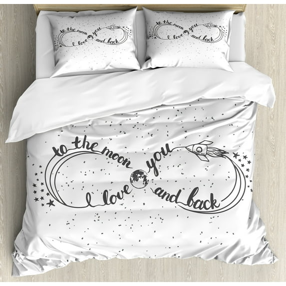 I Love You to the Moon and Back Duvet Cover Set, Eternity Loop Stars Moon Print on Plain Backdrop, Decorative 3 Piece Bedding Set with 2 Pillow Shams, Queen Size, White Charcoal Grey, by Ambesonne