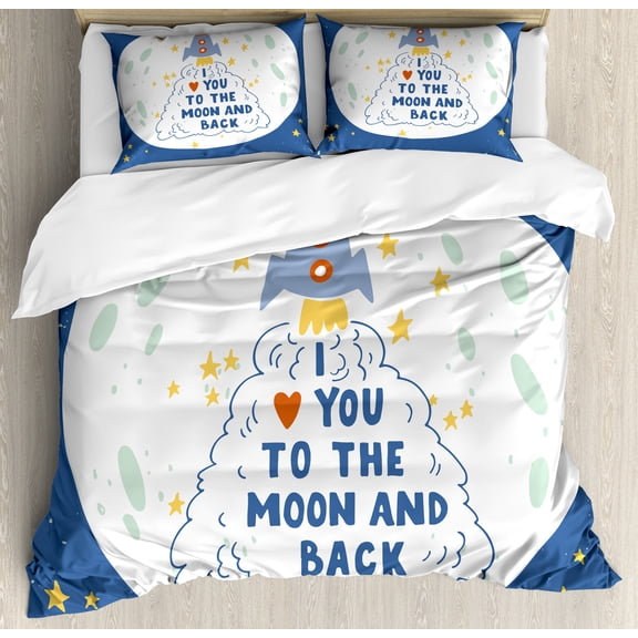 I Love You to the Moon and Back Duvet Cover Set, Rocket Space Travel Cloud Stars Crater Moon, Decorative 3 Piece Bedding Set with 2 Pillow Shams, King Size, Dark Sky Blue Multicolor, by Ambesonne