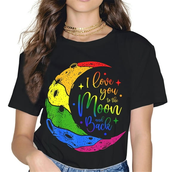 I Love You to the Moon and Back LGBTQ Rainbow Lesbian Gay Pride T-Shirt Women Tops Graphics Shirt Casual Short Sleeve Crew Neck Shirts Gift Tee Black Small
