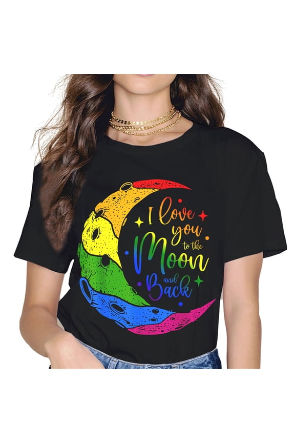 I Love You to the Moon and Back LGBTQ Rainbow Lesbian Gay Pride T-Shirt Women Tops Graphics Shirt Casual Short Sleeve Crew Neck Shirts Gift Tee Black XX-Large