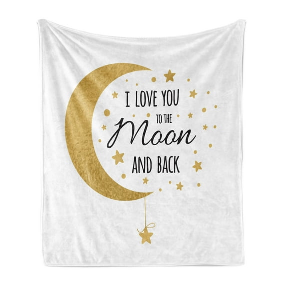I Love You to the Moon and Back Soft Flannel Fleece Blanket, Crescent Moon Loving Feeling Stars Illustration, Cozy Plush for Indoor and Outdoor Use, 50" x 70", White and Dark Mustard, by Ambesonne