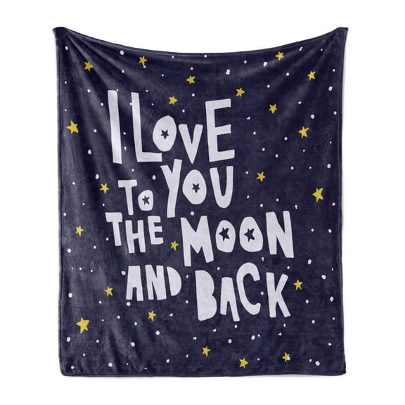 I Love You to the Moon and Back Soft Flannel Fleece Blanket, Stars Cartoon Style Love Affection Pattern, Cozy Plush for Indoor and Outdoor Use, 70" x 90", Dark Blue Grey Multicolor, by Ambesonne