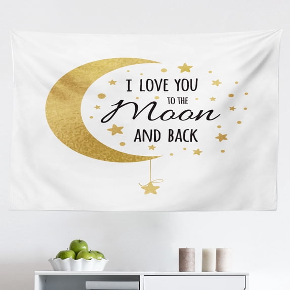 I Love You to The Moon and Back Tapestry, Charcoal Written Effect Motto on Affection, Fabric Wall Hanging Decor for Bedroom Living Room Dorm, 2 Sizes, Baby Pink Charcoal Grey, by Ambesonne