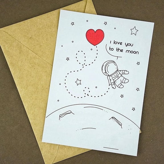 I Love You to the Moon Greeting Card – Cute Astronaut Design with Heart – Blank Inside, Envelope Included – Perfect for Valentine's Day, Anniversary, Romantic Gesture