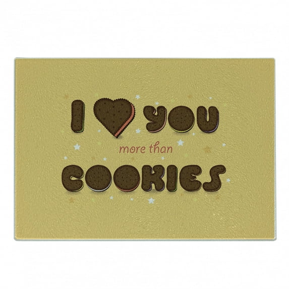 I Love You More Cutting Board, Romantic Words with Chocolate Cream Filled Cookie Font and Stars, Decorative Tempered Glass Cutting and Serving Board, Small Size, Multicolor, by Ambesonne
