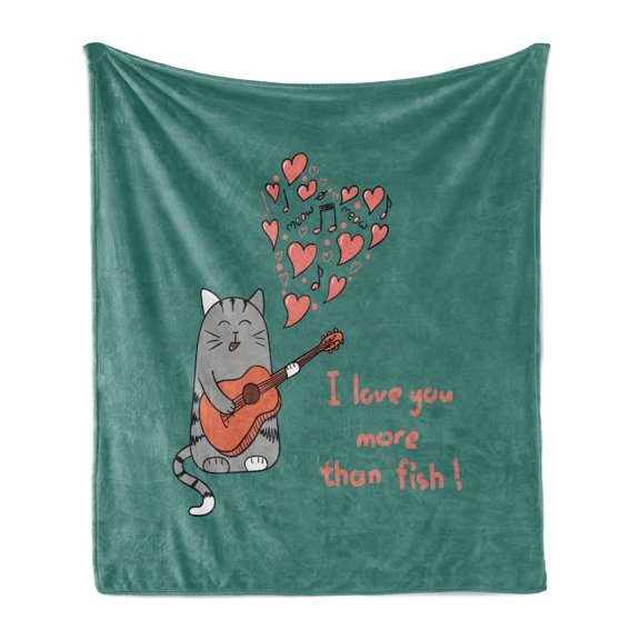 I Love You More Soft Flannel Fleece Blanket, Cartoon Singing Cat with Guitar More Than Fish Song Music Notes and Hearts, Cozy Plush for Indoor and Outdoor Use, 50" x 60", Multicolor, by Ambesonne