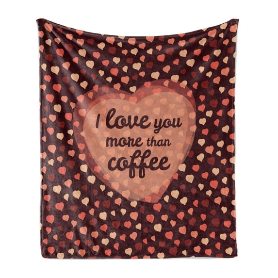 I Love You More Soft Flannel Fleece Blanket, Happy Valentine's Day Celebration Coffee and Love Theme with Hearts, Cozy Plush for Indoor and Outdoor Use, 50" x 60", Coral Peach Brown, by Ambesonne