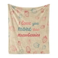thumbnail image 1 of I Love You More Soft Flannel Fleece Throw Blanket, Fun Words and Pastel Backdrop with Scattered Strawberries, Cozy Plush for Indoor and Outdoor Use, 70" x 90", Sand Brown Slate Blue, by Ambesonne, 1 of 5