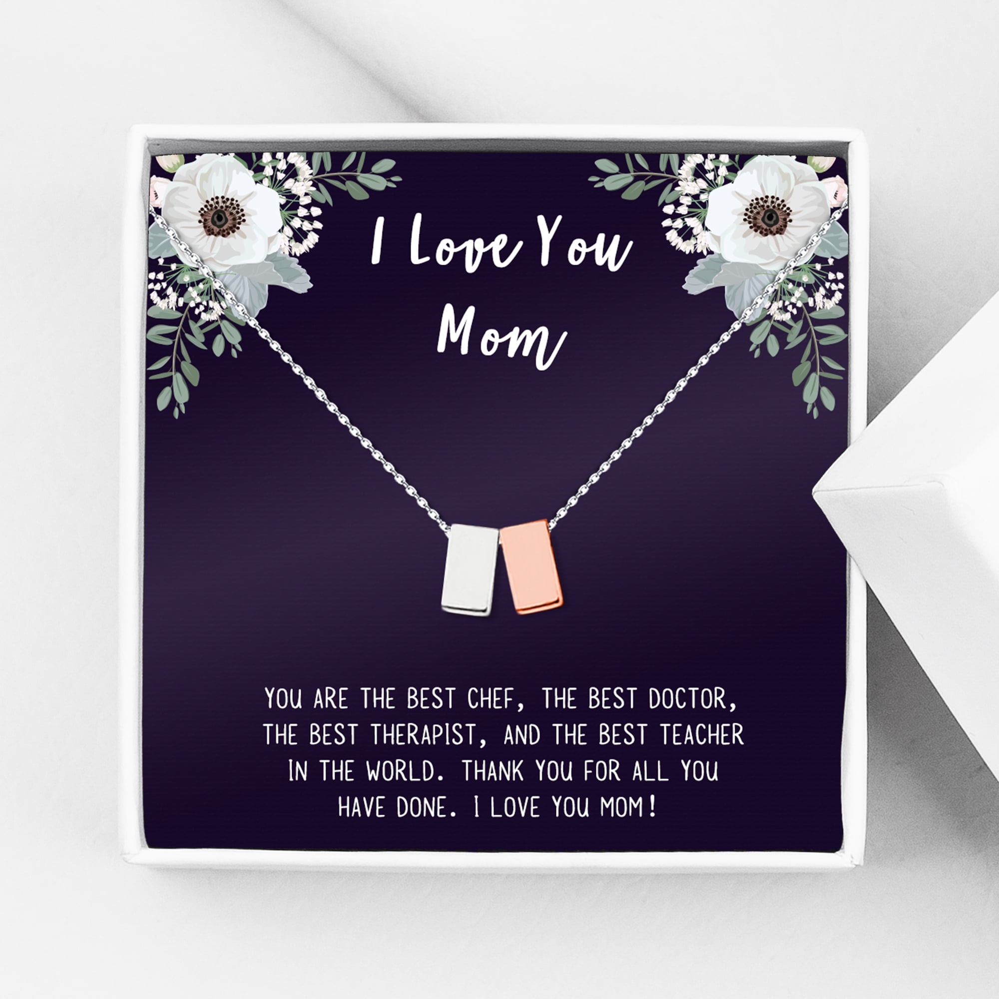 I Love You Mother's Day Cube Card Necklace, Card and Neclace Jewelry for Mom, Gift for Her, Gift for Mom, Gift for Mother, Cube Necklace Ship Next Day! [Silver-Gold, No-Personalized Card]