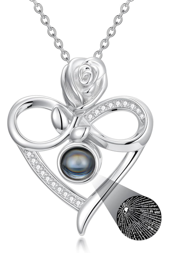 I Love You Necklace 100 Languages Projection Heart Infinity Necklace 925 Sterling Silver Infinity Pendant Necklace Rose Jewelry Gifts for Women