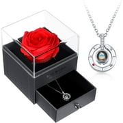 WINDAMAZINGSTORY I Love You Necklace 100 Languages Projection Pendant Necklace with Red Rose Package Box Round Crystal Pendant Loving Memory Collarbone Necklace with Rose Jewelry for Valentine's Day