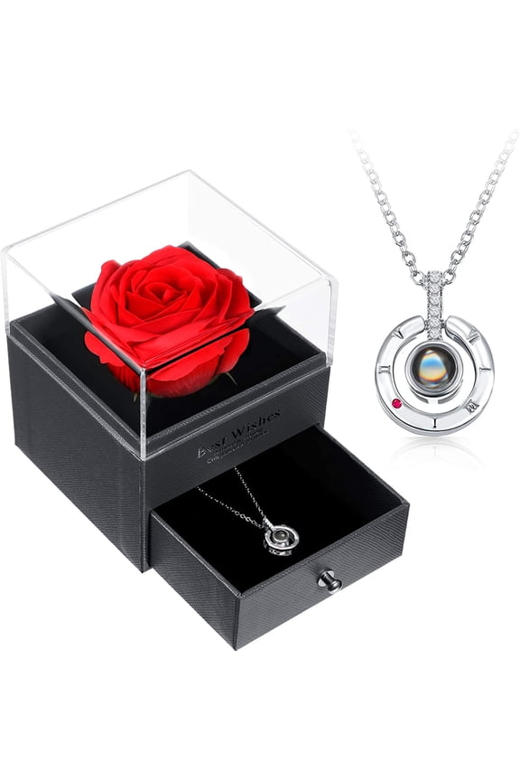 I Love You Necklace 100 Languages Projection Pendant Necklace with Red Rose Package Box Round Crystal Pendant Loving Memory Collarbone Necklace with Rose Jewelry for Valentine's Day