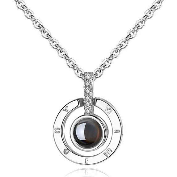 I Love You Necklace, 925 Sterling Silver 100 Languages Projection on Round Onyx Pendant Loving Memory Collarbone Necklace 1 Pcs