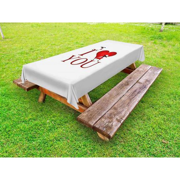 I Love You Outdoor Tablecloth, Comic Style Illustration Large Red Heart Shape with Text and a Pair of Sheep, Decorative Washable Fabric Picnic Tablecloth, 58 X 104 Inches, Red White, by Ambesonne