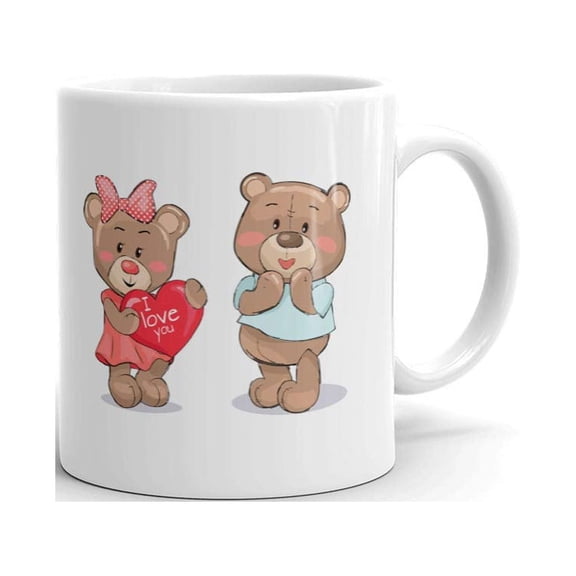 I Love You Pair of Soft Fluffy Teddies Holds Heart Coffee Tea Ceramic Mug Office Work Cup Gift 11 oz