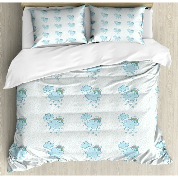 I Love You Queen Size Duvet Cover Set, Blue Valentine Cloud Characters with Hearts and Rainbows Sweet Couples, Decorative 3 Piece Bedding Set with 2 Pillow Shams, Pale Blue Multicolor, by Ambesonne
