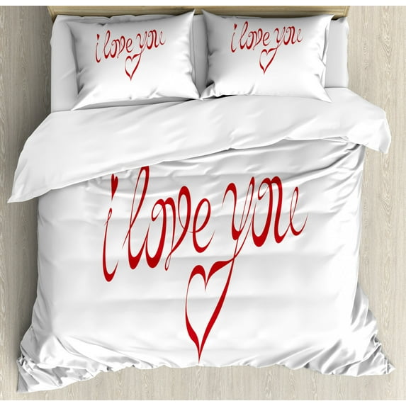 I Love You Queen Size Duvet Cover Set, Swirling Letter Fonts in Red Color with Heart Shaped Dots Calligraphy Design, Decorative 3 Piece Bedding Set with 2 Pillow Shams, Red White, by Ambesonne