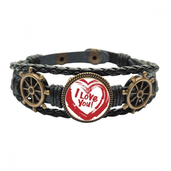 I Love You Red Heart Pattern Leather Braided Ocean Bracelet Wristband