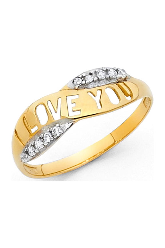I Love You Ring Solid 14k Yellow Gold Love Band CZ Promise Ring Curve Design Polished Fancy, Size 7.5