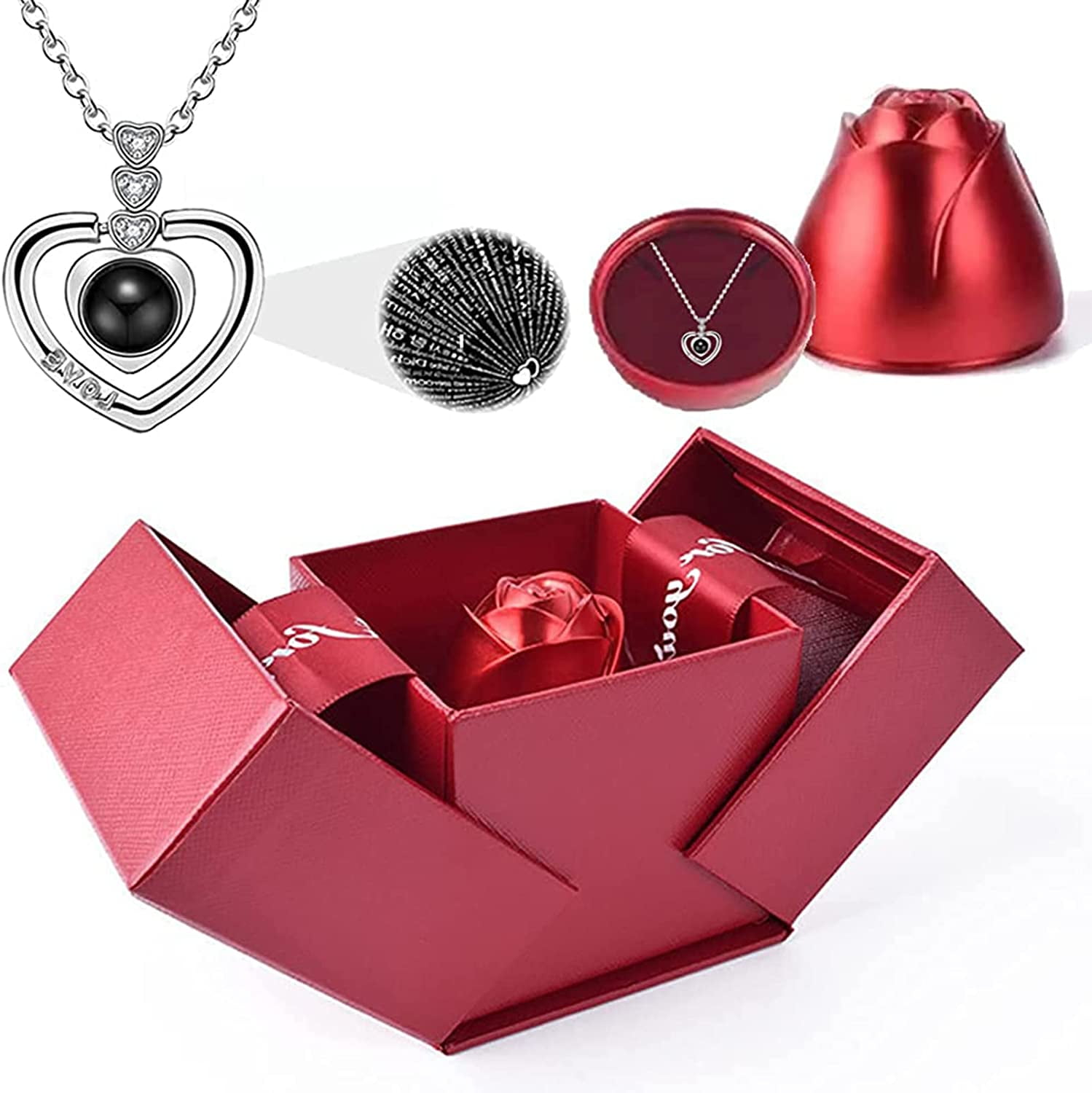 I Love You Roses Bloom Necklace in 100 Languages Gift Set, Heart