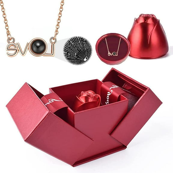 I Love You Roses Bloom Necklace in 100 Languages Gift Set, Heart Pendant Projection Necklace Lux Bloom Necklace Rose Gift Box - Valintine Day Gifts (A2)